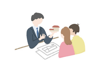 マイホームの設計について説明をする設計士もしくは営業マンと聞き入る夫婦　暮らしのイラスト　工務店工程　home