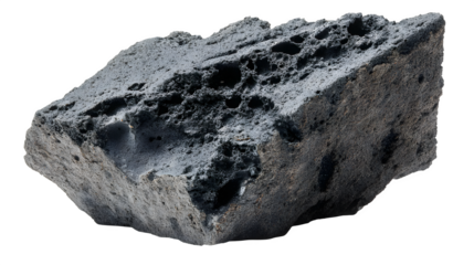 Ash-gray volcanic fragment with a brittle edge and cooling residue, isolated on white background