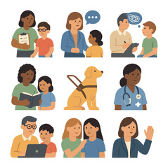 Education Support Icons. Flat icon set of support staff in education: special educator, school counselor,