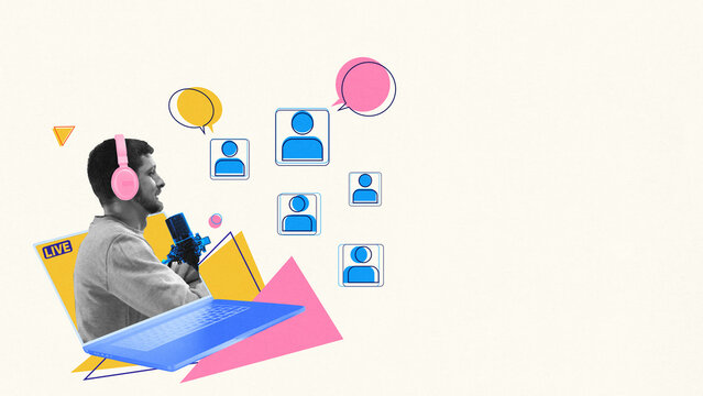 Streaming live. Man with pink headphones talks into mic while digital audience icons react on screen. Conceptual art collage. Concept of direct voice, digital community, blogging, social media