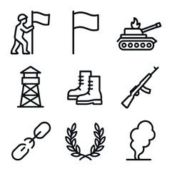 Obraz premium Military Victory Icons. Outline icon set of military victory flag raising: soldier silhouette, raised flag, destroyed tank,