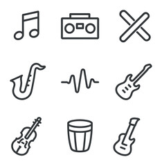 Music Genre Icons. Outline icon set of music genres for flash mobs: pop note, hip-hop boom-box, salsa clave, jazz saxophone,