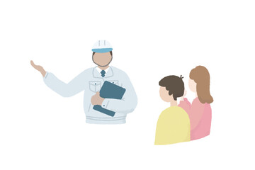 新築の工事現場に立ち会う夫婦と説明する現場監督　暮らしのイラスト　工務店の工程　home