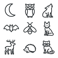 Fototapeta premium Nocturnal Wildlife Icons. Outline icon set of moon and nocturnal wildlife: owl, wolf, bat, firefly, fox, deer, hedgehog, raccoon,