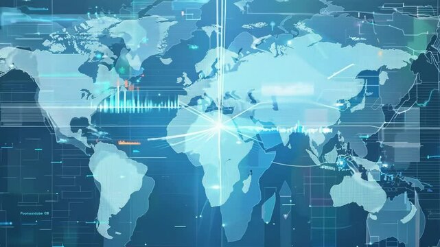 Animated blue world map displays interconnected digital networks with glowing data streams and technological interface elements creating modern business analytics visualization with continental outlin