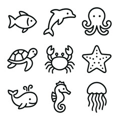 Naklejka premium Ocean Creatures Icons. Outline icon set of ocean creatures coloring worksheet: fish, dolphin, octopus, sea turtle, crab, starfish,