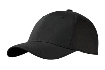 A plain black baseball cap, angled, against a solid black background