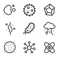 Particle Icon Set. Outline icon set of condensation nuclei and particles: dust mote, pollen grain, sea salt crystal, smoke