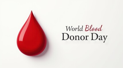 Obraz premium Large red blood drop in the center, clean white background, lettering that says “World Blood Donor Day”
