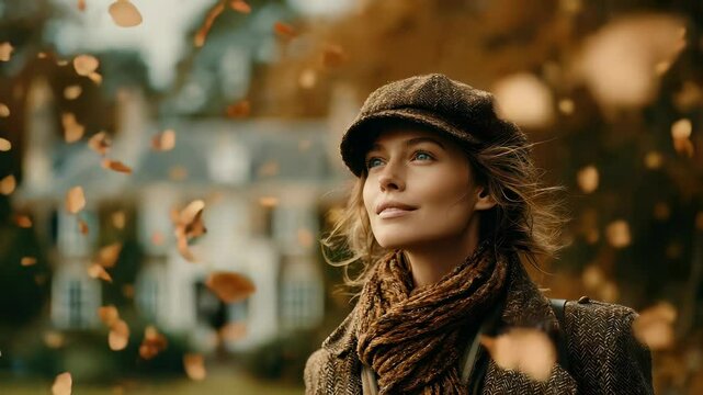 Beautiful Woman in Autumn Leaves, Tweed Cap and Scarf, Looking Upwards with Serene Expression, Fall Season, Outdoor Portrait.