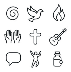 Fototapeta premium Pentecostal Symbols Icons. Outline icon set of Pentecostal & Charismatic Movements: tongues spiral, Holy Spirit dove, baptism of
