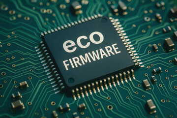 Eco firmware chip on green circuit board sustainable engineering work concept for technology and innovation