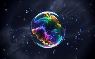 Fototapeta premium Cosmic rainbow bubble with nebula like interior and surrounding bubbles