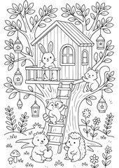 A cozy treehouse with hanging lanterns and animals playing, coloring page for kids, teens, and adults