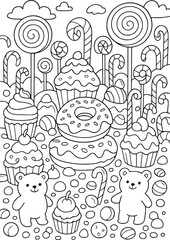 A candy land full of lollipops, cupcakes, and gummy bears, coloring page for kids, teens, and adults