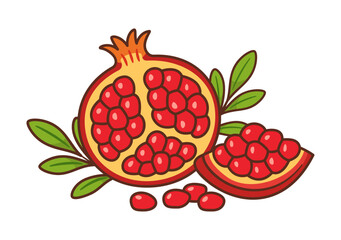 Pomegranate fruit, halved with grains and green leaves. Hand drawn Flat style. For food packaging, healthy food promotions, recipe books, nutrition blogs, product labels, menu and seasonal designs.