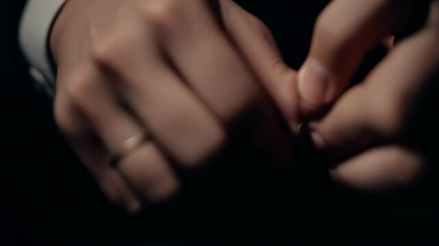 Two pairs of hands gently interlock fingers then slowly separate and reconnect creating intimate emotional connection through tender touching gestures in warm golden lighting atmosphere