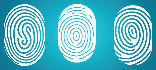 Collection of three white fingerprint on blue background. Vector art