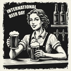 Black and white vector illustration of a female bartender serving two beer mugs at the bar counter. Perfect for Oktoberfest and International Beer Day themed designs. Clean flat silhouette style.