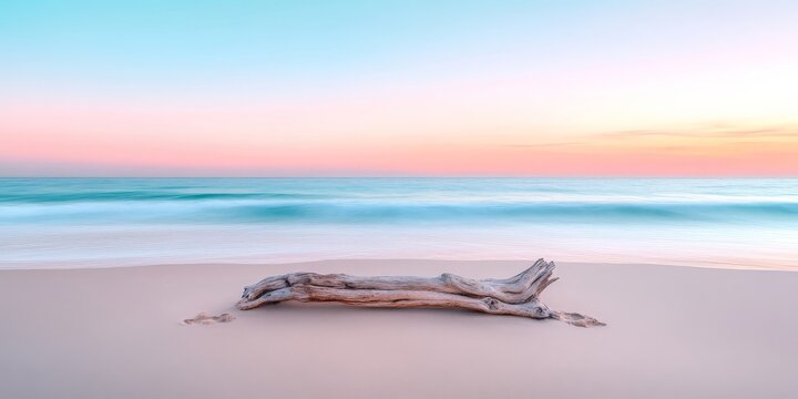 Atmospheric Sunrise Beach Scene with Driftwood Log and Footprints on Smooth Sand for Coastal Storytelling Photography