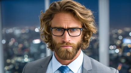 Confident businessman with glasses and curly hair in a modern office setting