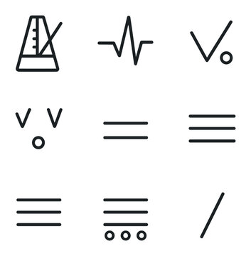 Rhythm and Meter Icons. Outline icon set of meter and rhythm: metronome, heartbeat line, stressed syllable mark, unstressed