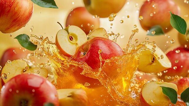 A dynamic splash of fresh apple juice surrounds whole and sliced apples with green leaves floating