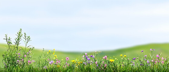 Obraz premium Colorful Wildflowers In A Meadow Under A Light Blue Sky