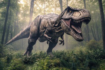 Fototapeta premium Carnivorous Tyrannosaurus Rex Dinosaur in Prehistoric Forest