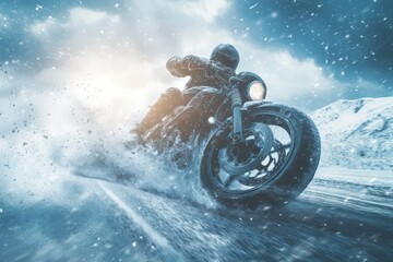 Motorcycle crash on icy road in snowstorm