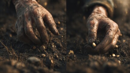 International Mud Day, illustration. Close-up of muddy hands planting a seed