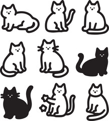 Cute Cat Silhouettes in Playful and Sitting Poses – Black and White Vector Set