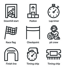 Fototapeta premium Race Event Icons. Outline icon set of race events: downhill start gate, enduro stage marker, podium trophy, lap timer, race flag,
