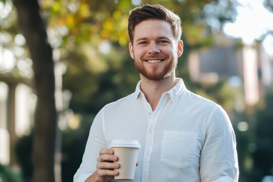 Man holding coffee cup with text space outdoors