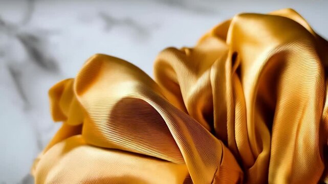 Detailed close-up of a shimmering gold satin scrunchie with intricate folds and delicate draping on a soft marble background