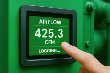 Finger interacts with green digital airflow meter displaying 425.3 CFM emphasizing sustainable engineering work in industrial settings