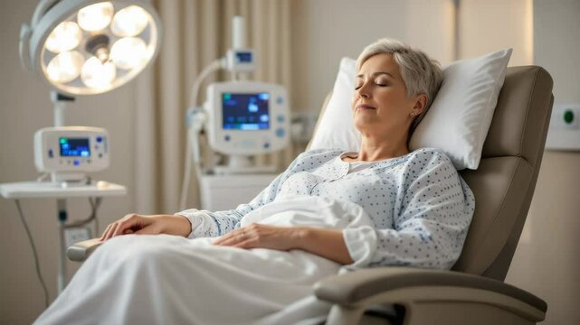 Elderly woman resting during chemo in modern medical recliner	