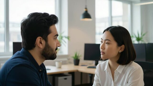 Two coworkers talking seriously in modern office	