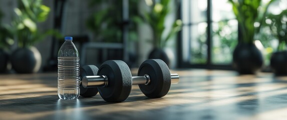 A close-up view of a black dumbbell and a plastic water bottle resting on a wooden gym floor surrounded by indoor plants, capturing a tranquil exercise environment.
