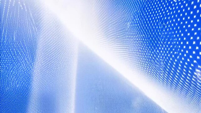 Futuristic geometric abstract net with dots and triangle shapes on a bright blue cyberspace background, illuminated by soft white volumetric lights. Seamless looping animation with a modern, high-tech