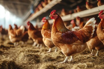 Fototapeta premium Chickens feeding on hay inside dairy barn