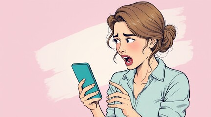 A woman looks shocked as she reads something surprising on her smartphone, with a pastel background highlighting her expression.