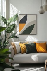 Plakat Stylish modern living room interior with colorful abstract painting on the wall. Cozy living room arrangement in bold colors.