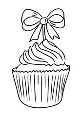Cupcake with swirled frosting and a decorative bow topper in black and white. Sweet dessert and festive celebration concept in cute hand drawn style