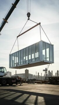 Vertical video of a crane hoisting a modern glass container module against an industrial zone backdrop. For construction tech, modular building & industry shorts.