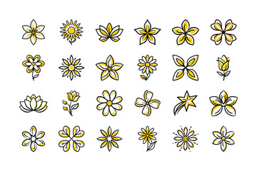 Hand-Drawn Floral Icons – Yellow and Black Flower Doodle Set

