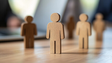 Wooden figurines representing teamwork collaboration business concept image job desk group table unity human brown.