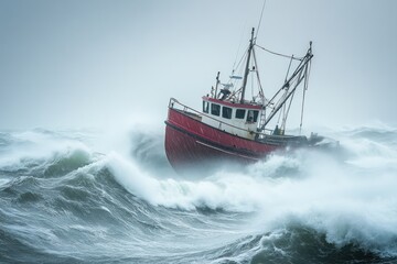 Naklejka premium Fishing boat battling large waves in winter storm