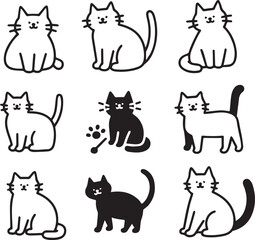 Cute Cat Silhouettes in Playful and Sitting Poses – Black and White Vector Set