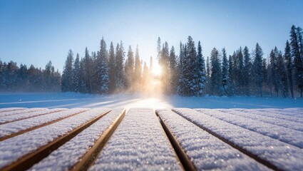 Winter wonderland sunrise snow covered deck